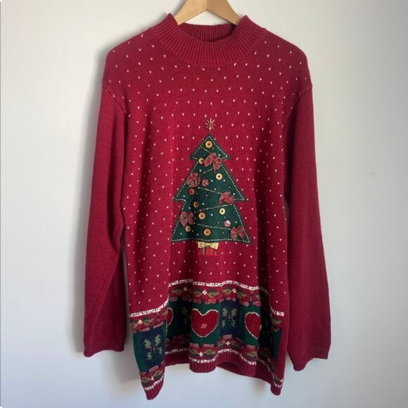 KAREN SCOTT Hand Embroidered Sweater Christmas Holiday Ugly Cotton Blend Size L - Picture 2 of 11